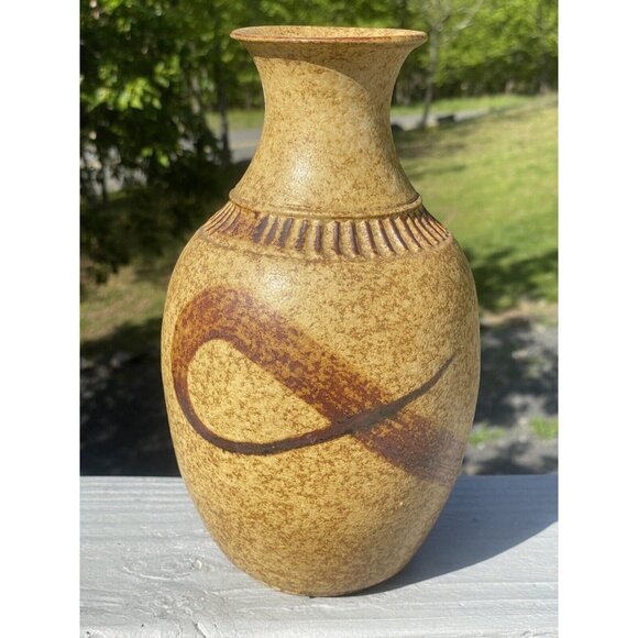 9-1/4" Vintage Brown Glazed Pottery Vase Home Accent Decor Beige Ceramic Retro - Picture 3 of 12